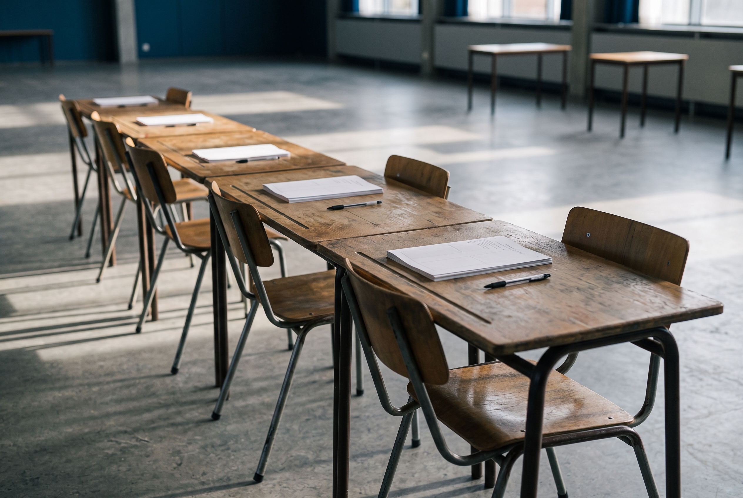 Tables d'examen préparées avec copies et stylos avant l'épreuve