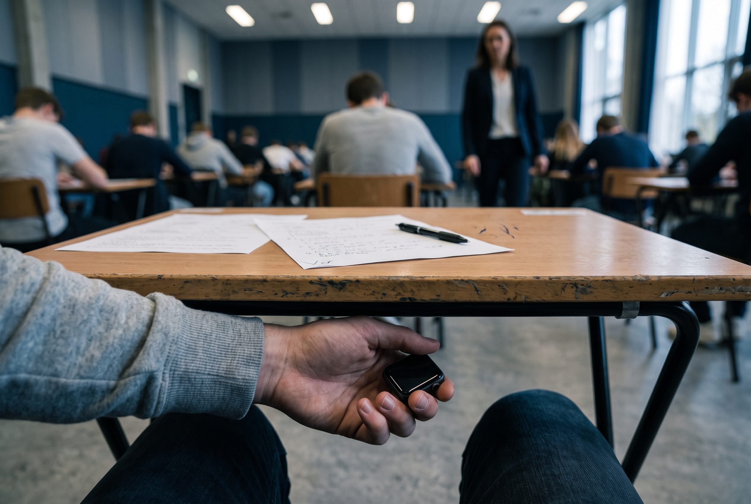 Étudiant consultant discrètement sa montre connectée pendant un examen